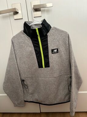 New Balance Gray Fleece Pullover with Black Chest Panel and Neon Yellow Zip